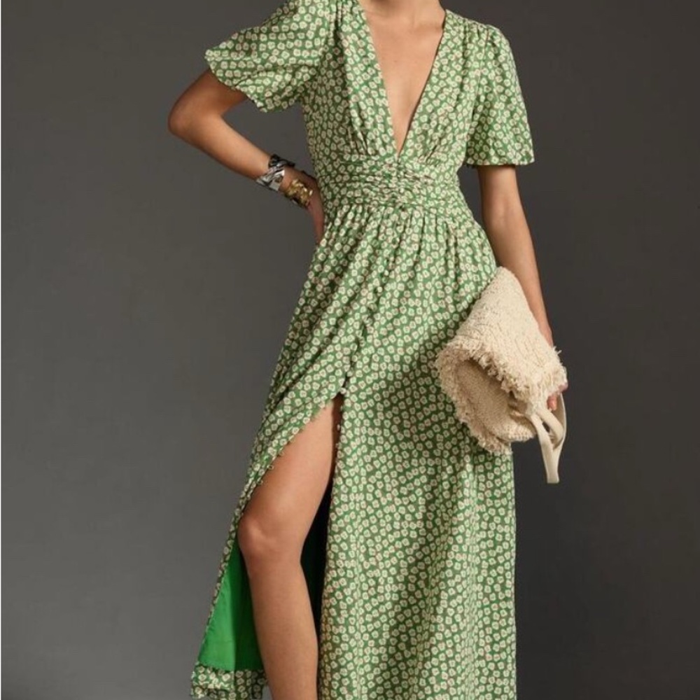 The Katerina Button Front Dress in Green Motif Floral V-Neck Dress